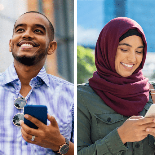 Image of two people: left is person with medium-dark skin tone looking up from their phone. Right is person with light skin tone and hajib looking at their phone.